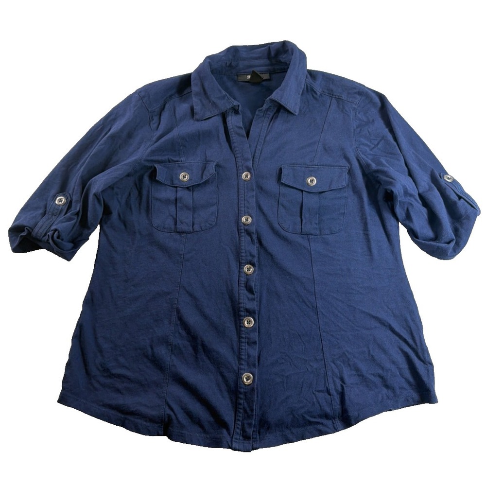 Style & Co Womens S Navy Blue Button Down Shirt 3/4 Sleeve Cotton Utility‎ Top